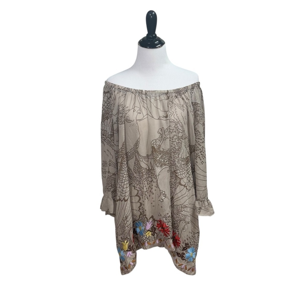 Ivy Jane Taupe Off-Shoulder Blouse with Colorful Embroidery